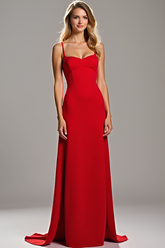 Spaghetti Straps Sheath Red Wedding Guest Dress Satin Long Formal Dress